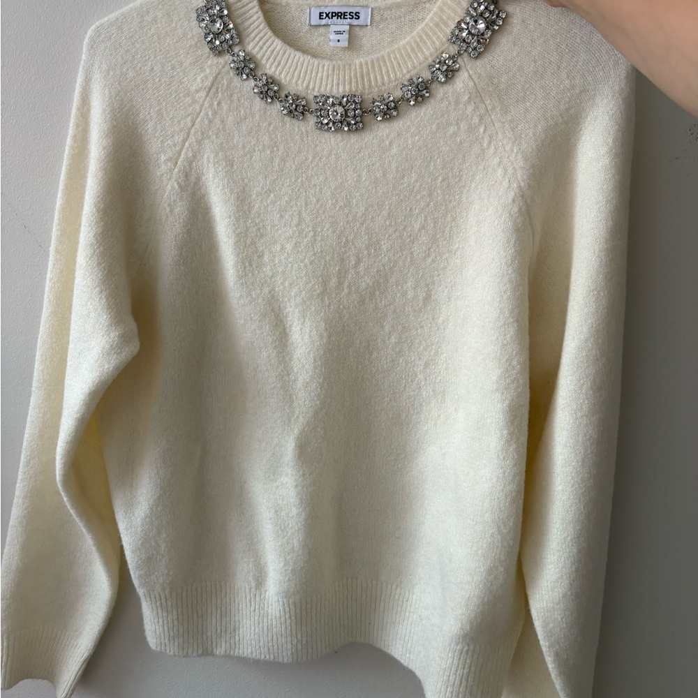 Express Ivory Sweater with Jewel Neckline